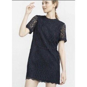 Zara Women's Dress Navy Blue Lace Short Sleeves Scalloped Hem Size XS